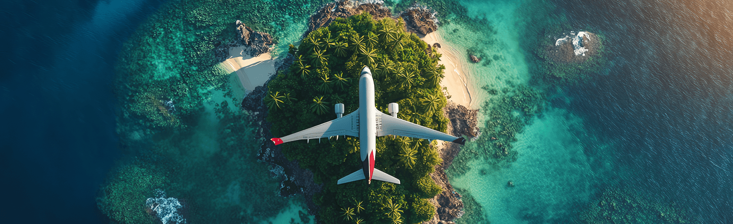 Aerial view of a tropical island with crystal clear water